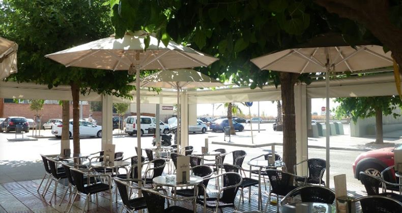 Terraza de La Taronja 2 con mesas bajo sombrillas blancas y árboles